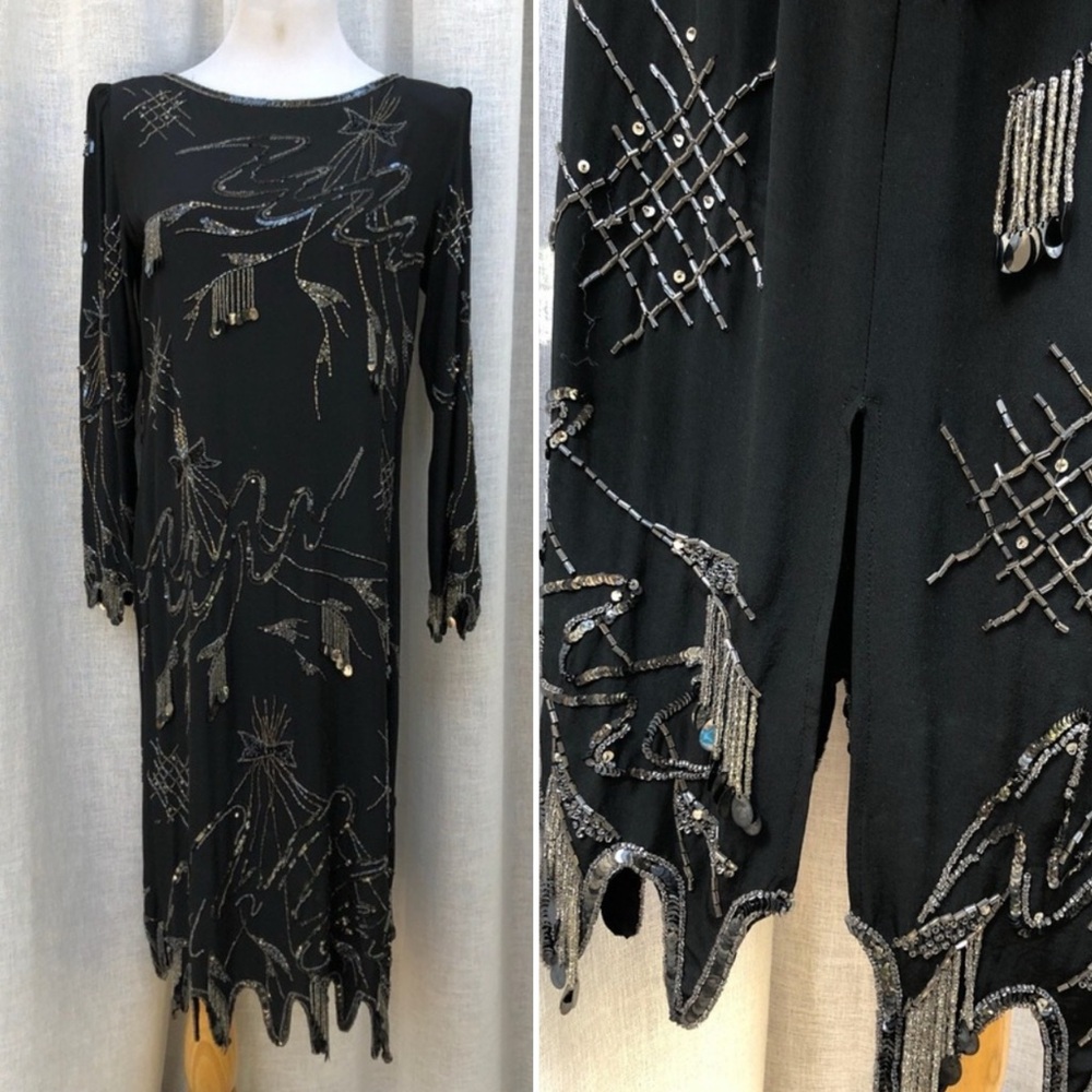 Argenti 1990 Black Silk Long sleeve Dress sequin & bead embellishments Size 8